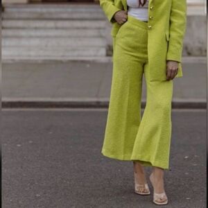 Zara Chartreuse Textured Wide Leg Trousers Women’s XXL High Waist Cropped Pants